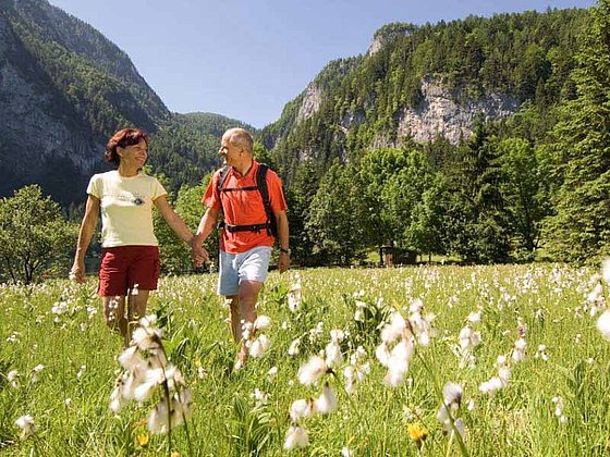 Wanderpärchen auf Blumenwiese im Urlaub in Oberösterreich