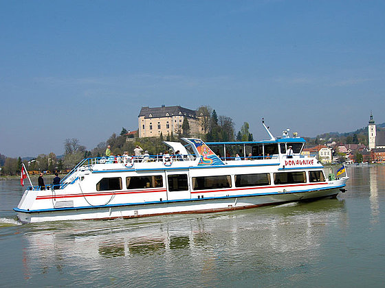 Das Schiff auf der Donau, im Hintergrund die Greinburg