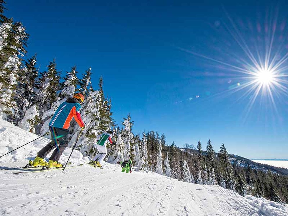 Skifahren im tiefsten Winter im Skigebiet Hochficht mit sonnigem Wetter