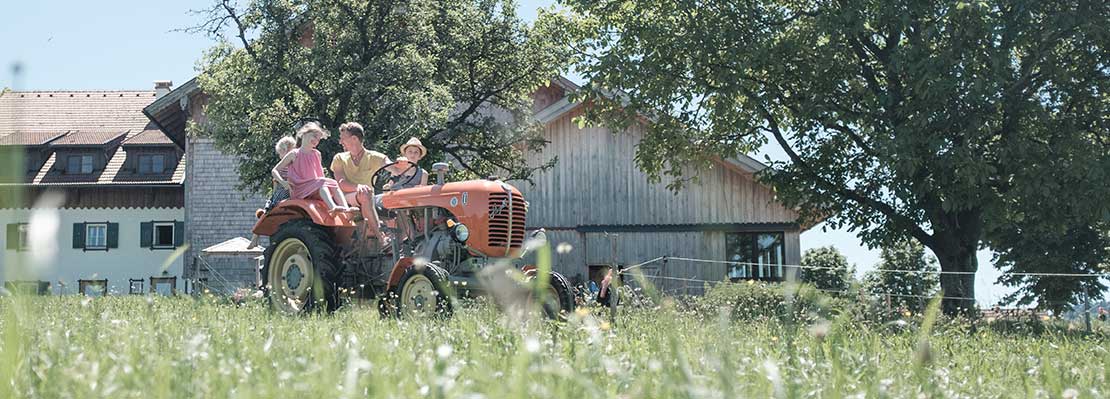 Kinder fahren auf einem alten Traktor mit, im Hintergrund ein Bauernhaus und ein Stadel